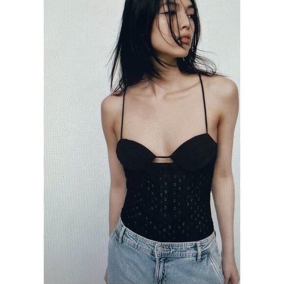 Zara Black Lace Body Suit With Adjustable Straps & Snap Closure - Picture 2 of 16